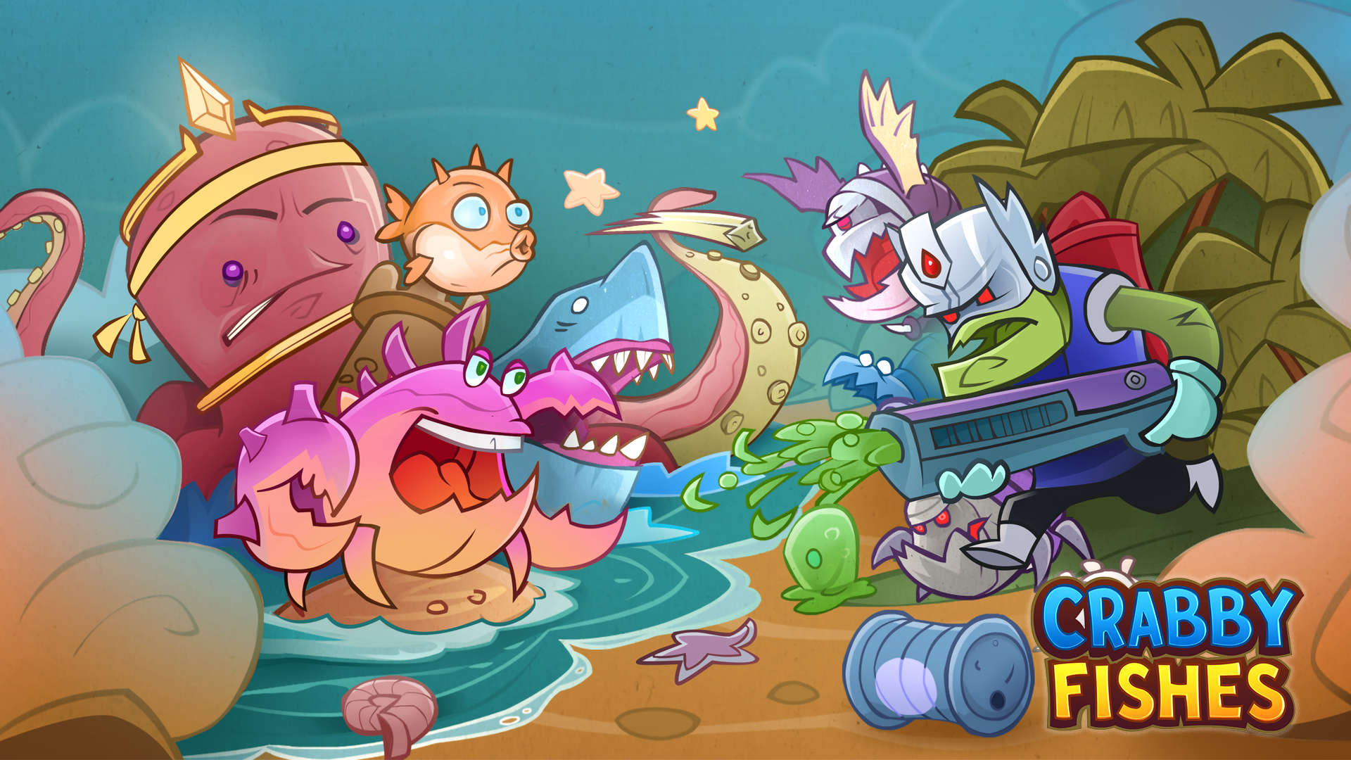 Crabby Fishes key art: colorful hand-drawn sea creatures defending an island from alien polluters.