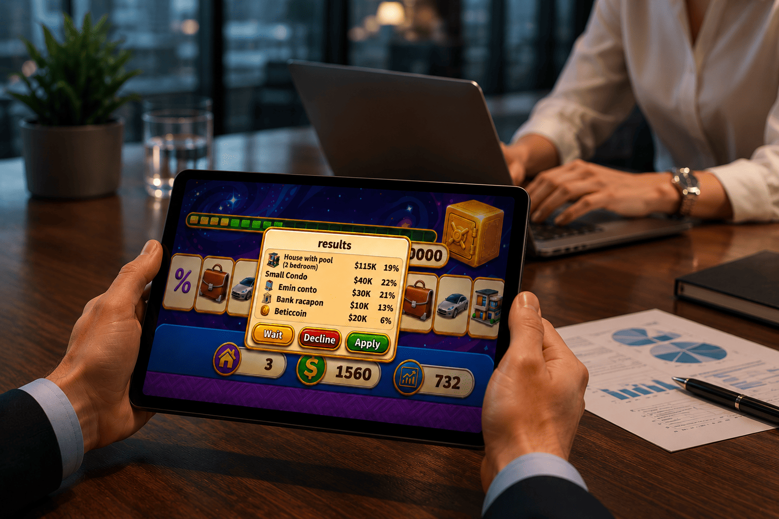 Tablet showing a branded financial decision-making simulation in use at an event or consultation setting.