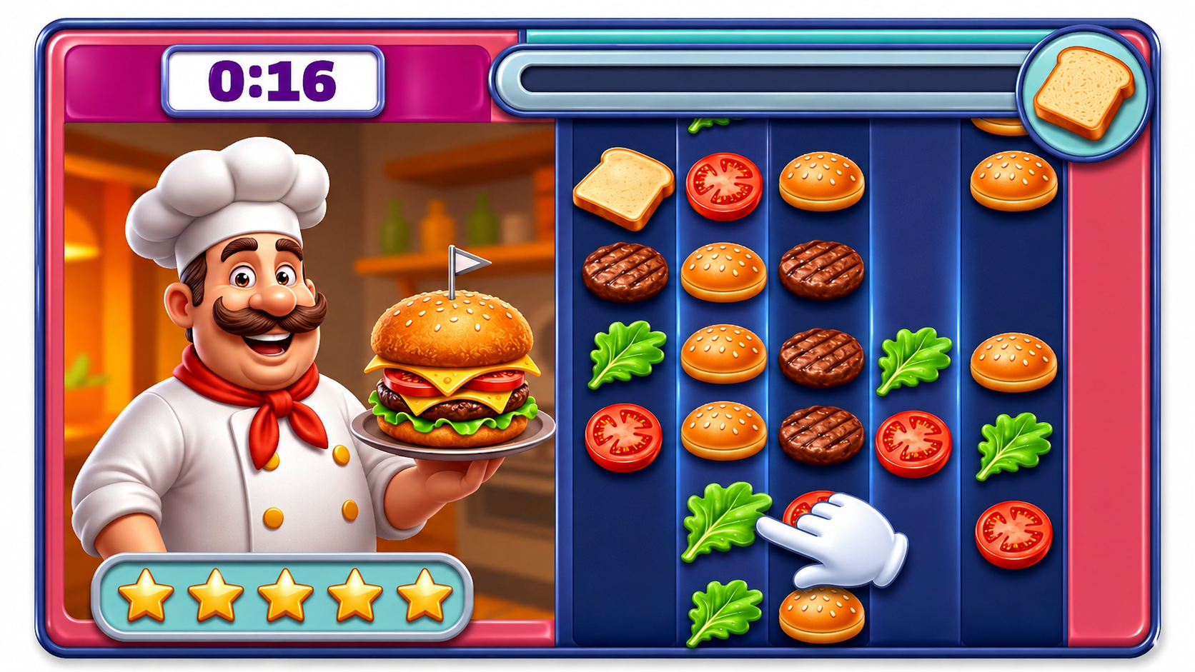 Chef Rush concept mockup: chef, burger assembly, and ingredient lanes on a mobile kitchen board.